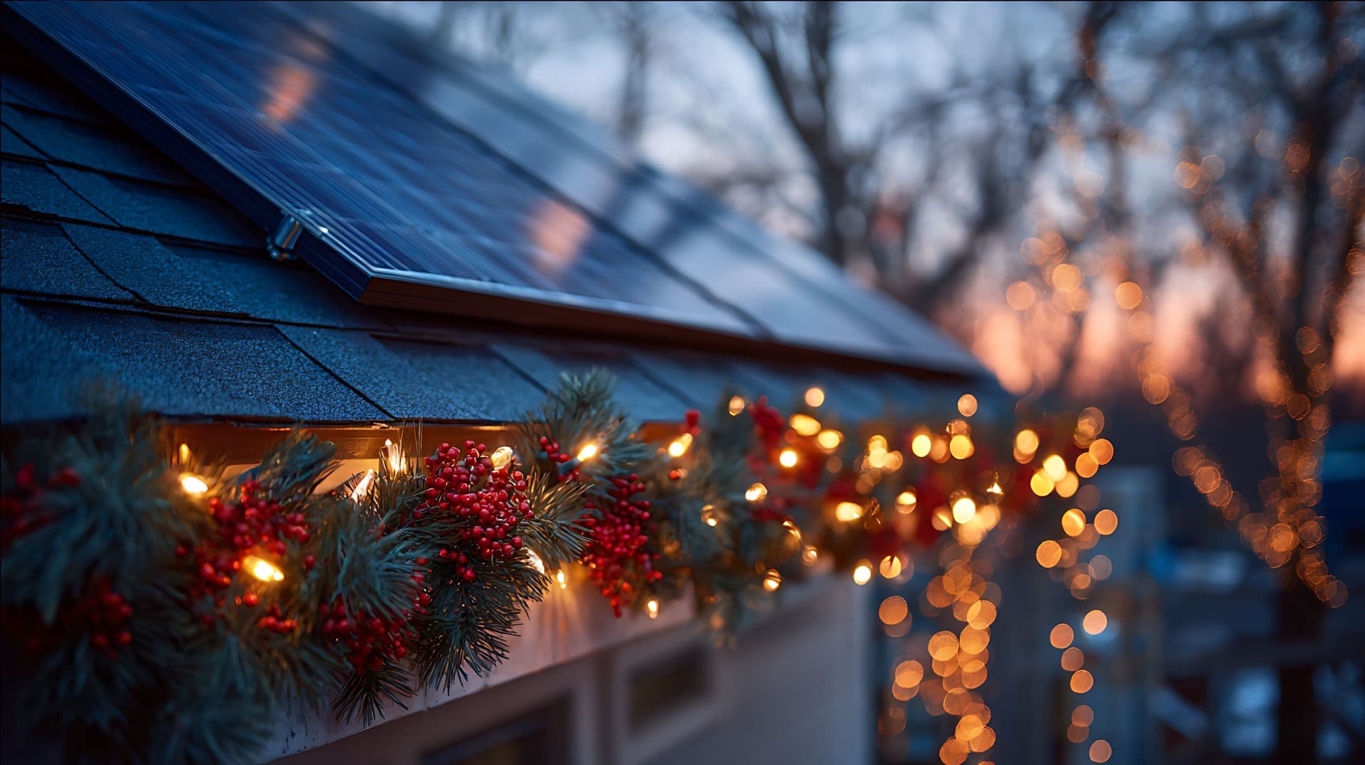 Warm-white Christmas lights and evergreen garland on a rooftop at dusk in Denver NC