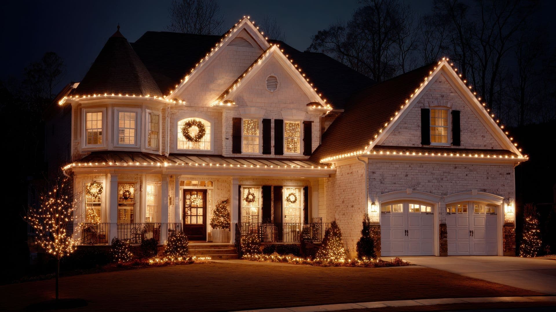 Two-story home with full roofline Christmas lights, window wreaths, and lit shrubs at night in Denver NC