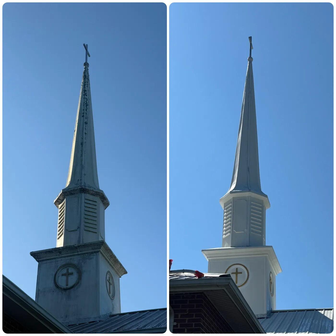 Wider before and after of a church steeple and roofline after soft washing