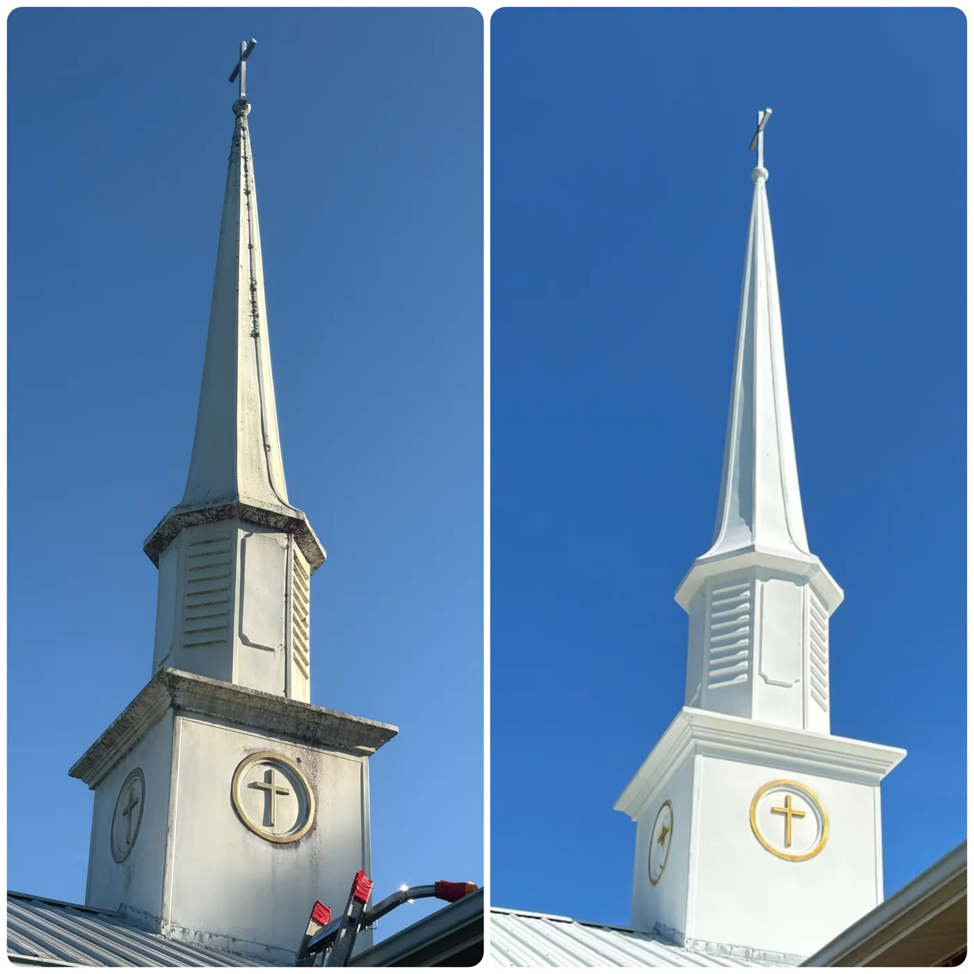 Before and after of a church steeple, grey and streaked on the left, bright white on the right
