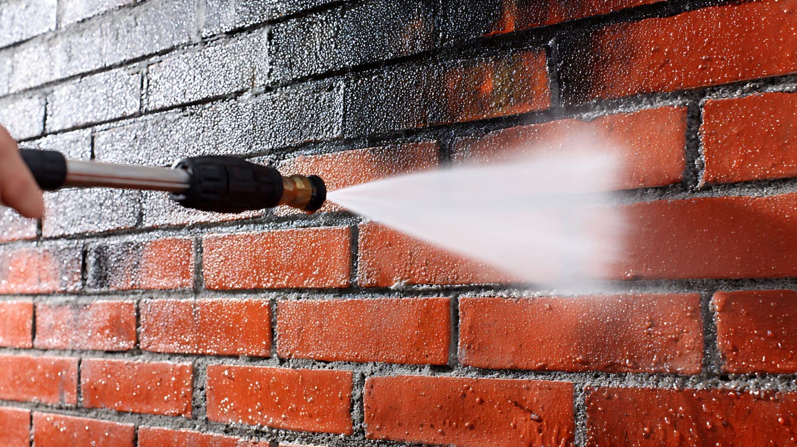 Pressure washer removing grime from a red brick commercial wall, dramatic before and after in one frame