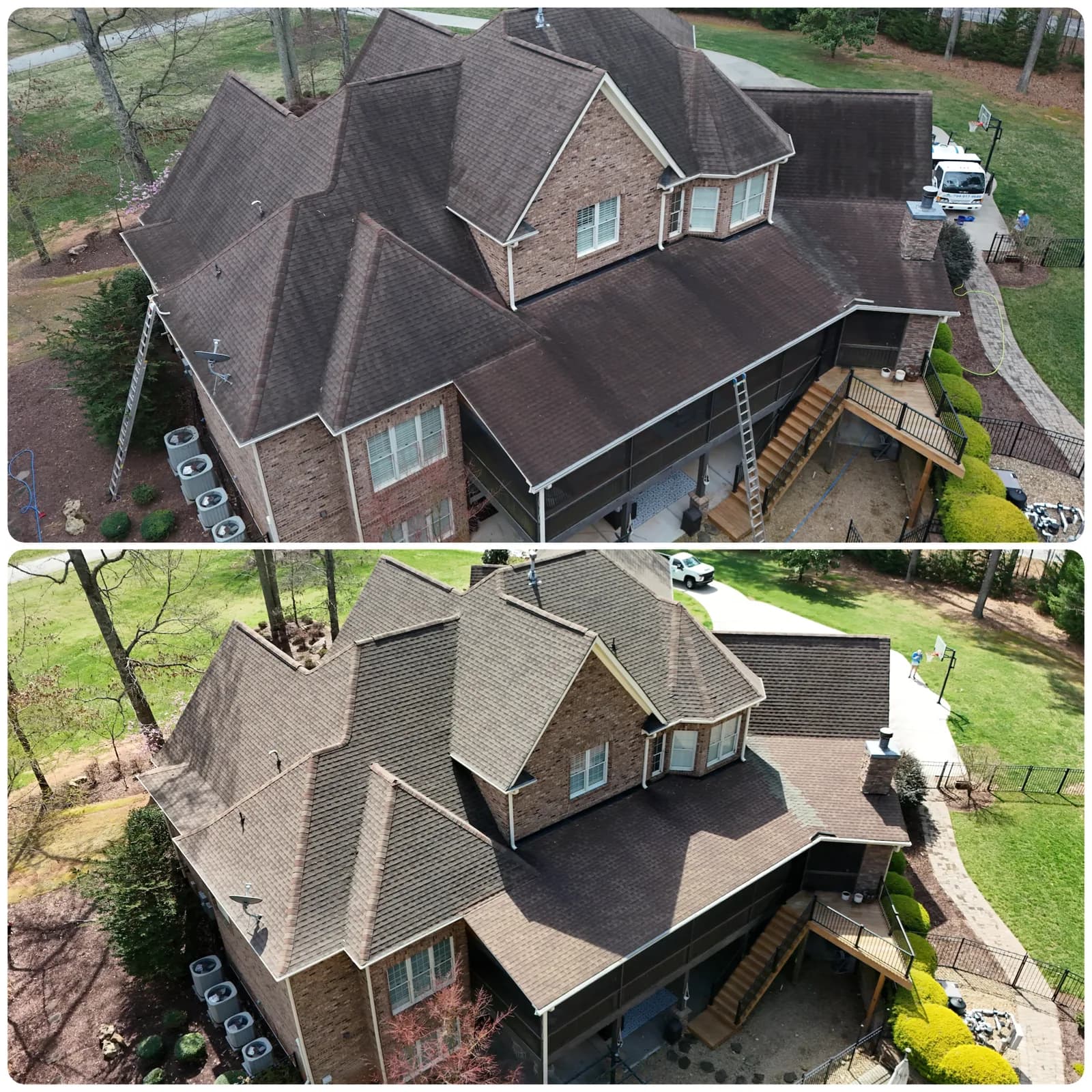 Aerial view of a soft-washed asphalt shingle roof in Sherrills Ford NC with black algae streaks removed
